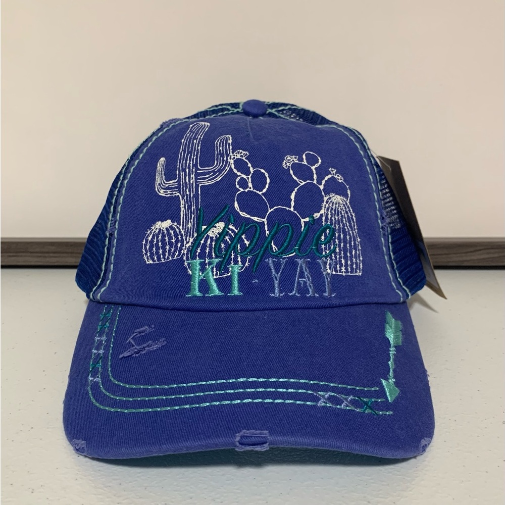 Catchfly Women's "Yippie Ki-Yay" Distressed Ponytail Baseball Hat/Cap-OS NWT